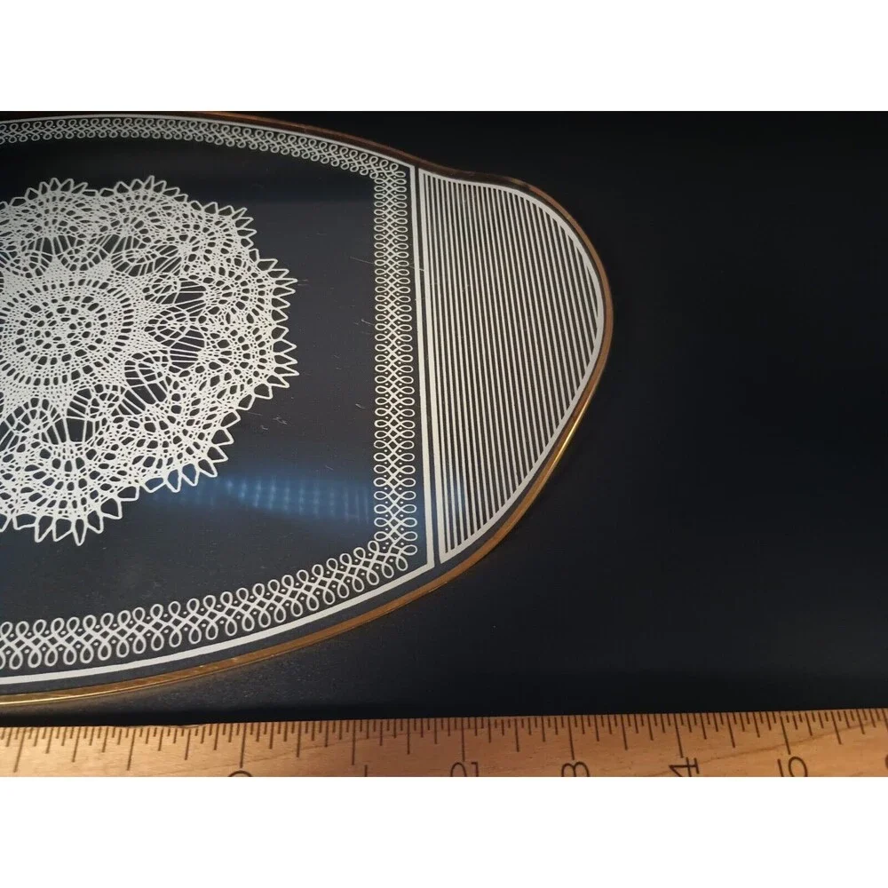 Vintage Glass Vanity Tray Oval White Doily Gold Rim